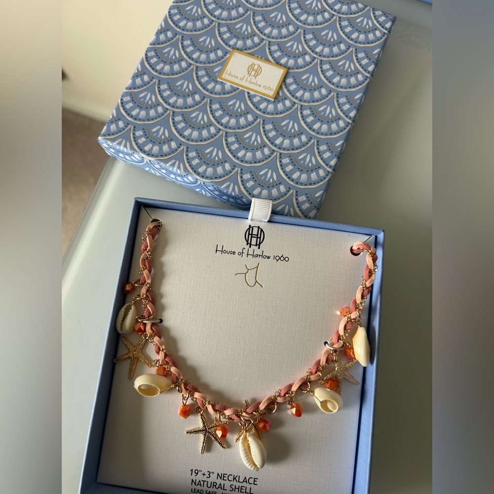 house of Harlow 1960 braided pink orange shell and starfish gold charm necklace